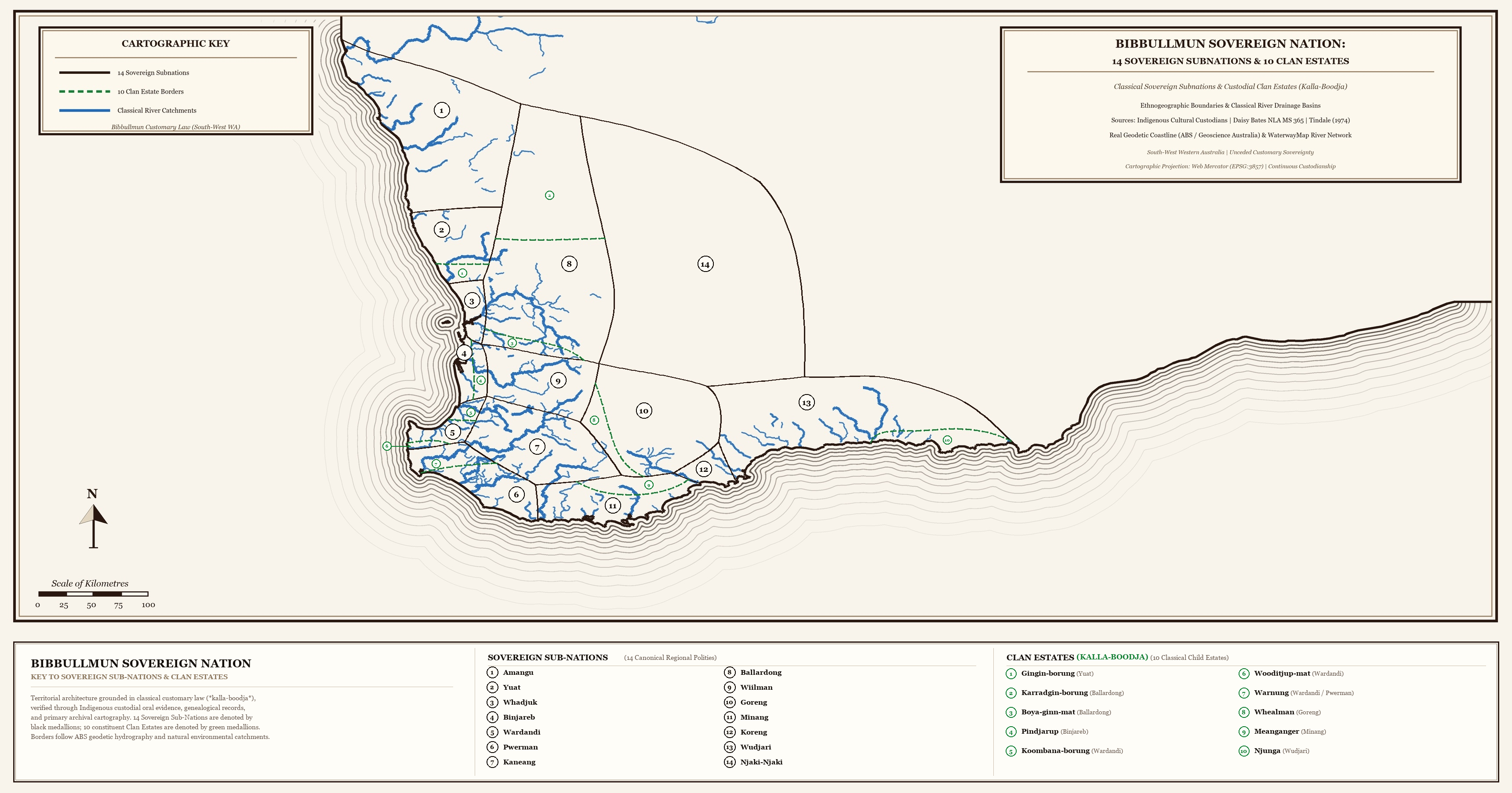 Cartographic map of the Bibbullmun Sovereign Nation in South-West Western Australia showing the 14 classical sovereign subnations (Whadjuk, Binjareb, Wardandi, Pibelmen, Kaniyang, Wilman, Balardong, Yuat, Minang, Goreng, Wudjari, Nyakinyaki, Njunga, Amangu) and 10 nested kalla-boodja clan estates